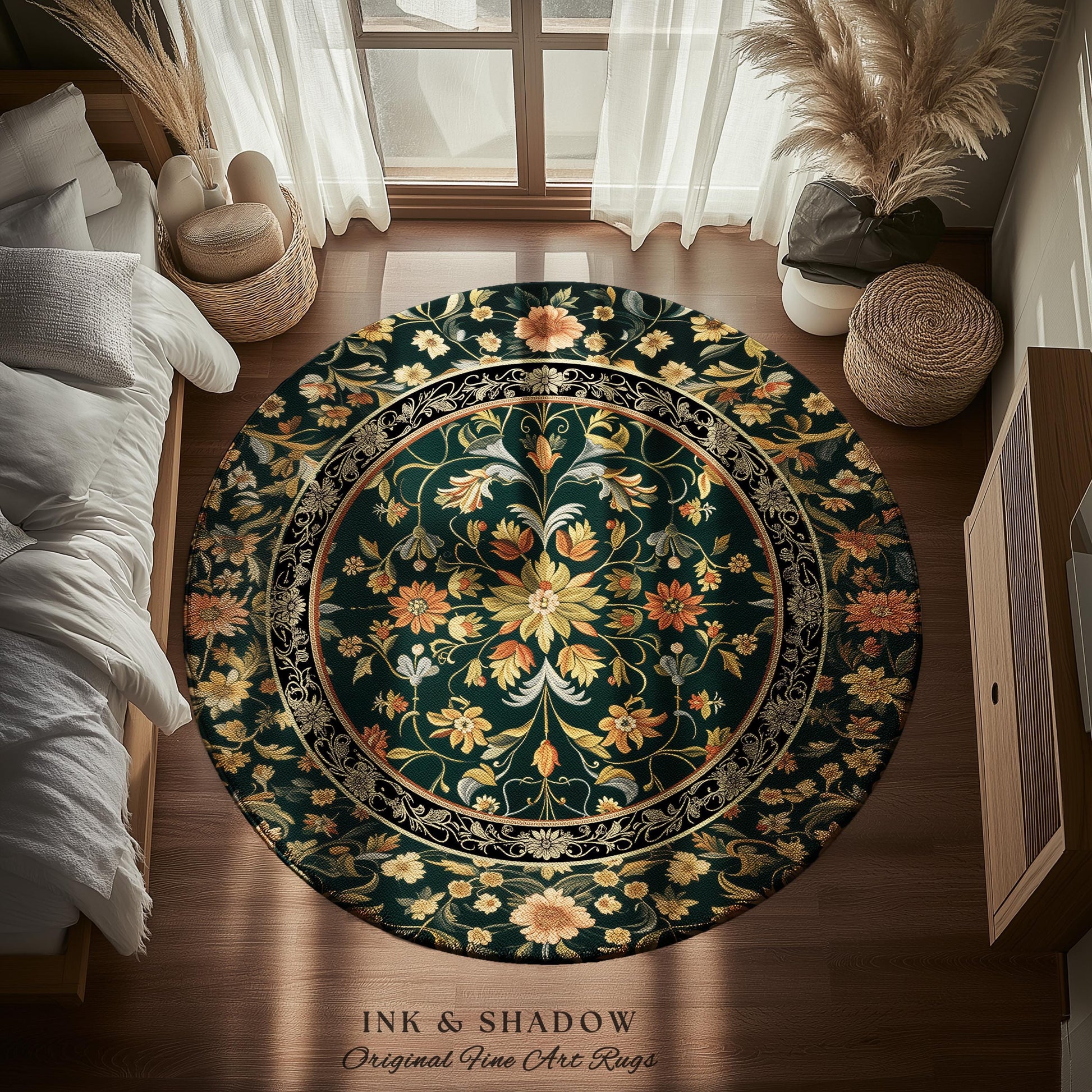 Dark Floral Living Room Rug | Wildflower Aesthetic Ornate Gothic Home Decor Rustic Boho Housewarming Gift Dark Academia Bedroom Folklore Art