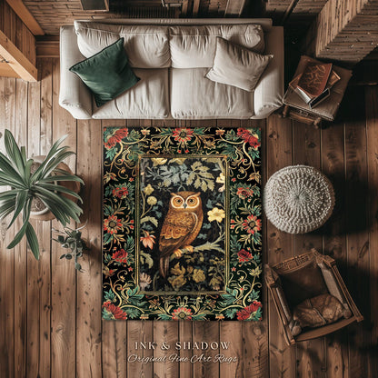 Whimsical Book Nook Owl Rug | Woodland Room Decor William Morris Inspired Forest Aesthetic Fairycore Boho Bedroom Rug Floral Owl Decoration