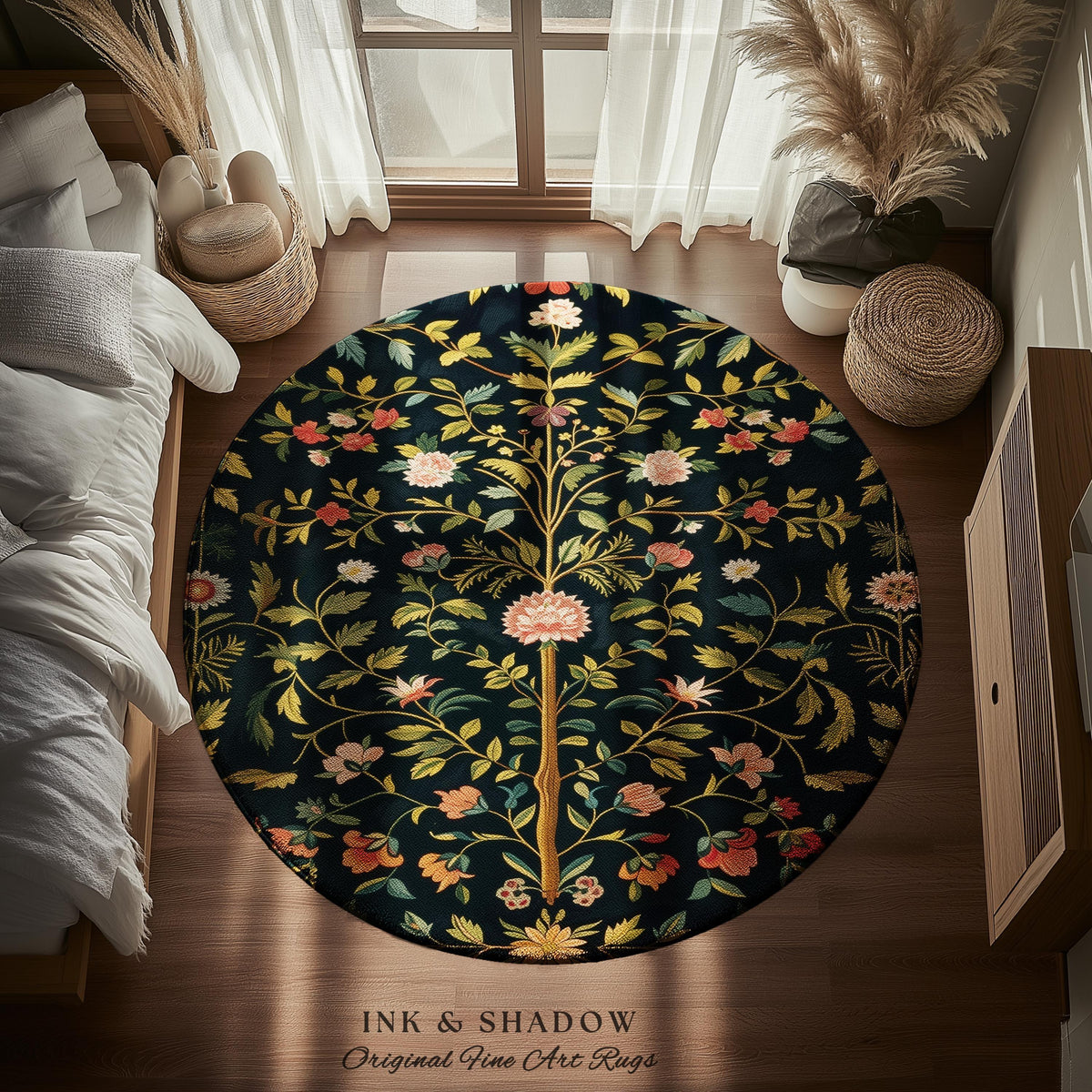 Boho Scandinavian Floral Area Rug | Wildflower Aesthetic Danish Pastel Home Decor Rustic Housewarming Gift Dark Academia Bedroom Folklore |