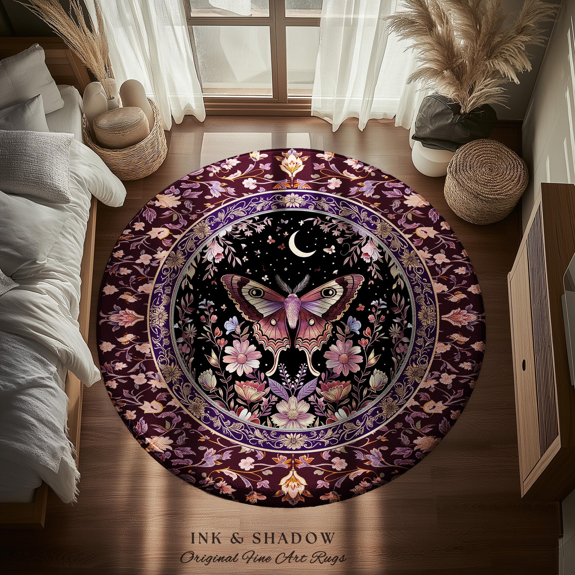 Purple Moth Celestial Rug Boho Fairycore Dark Floral Decor | Enchanted Fairy Cottagecore Butterfly Lovers Moth Moon Rug Whimsical Goth Gift