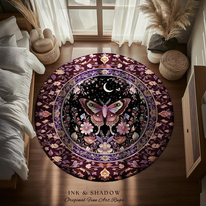 Purple Moth Celestial Rug Boho Fairycore Dark Floral Decor | Enchanted Fairy Cottagecore Butterfly Lovers Moth Moon Rug Whimsical Goth Gift