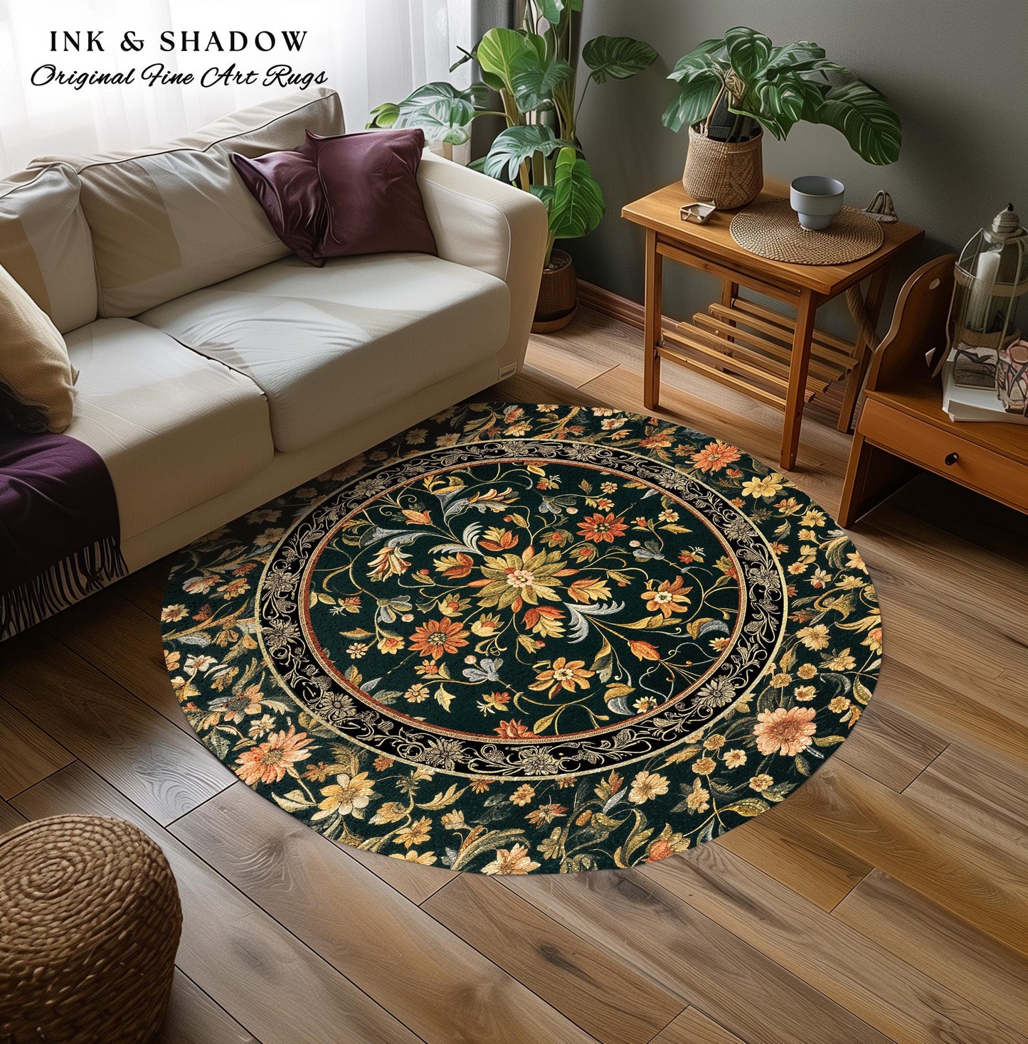 Dark Floral Living Room Rug | Wildflower Aesthetic Ornate Gothic Home Decor Rustic Boho Housewarming Gift Dark Academia Bedroom Folklore Art