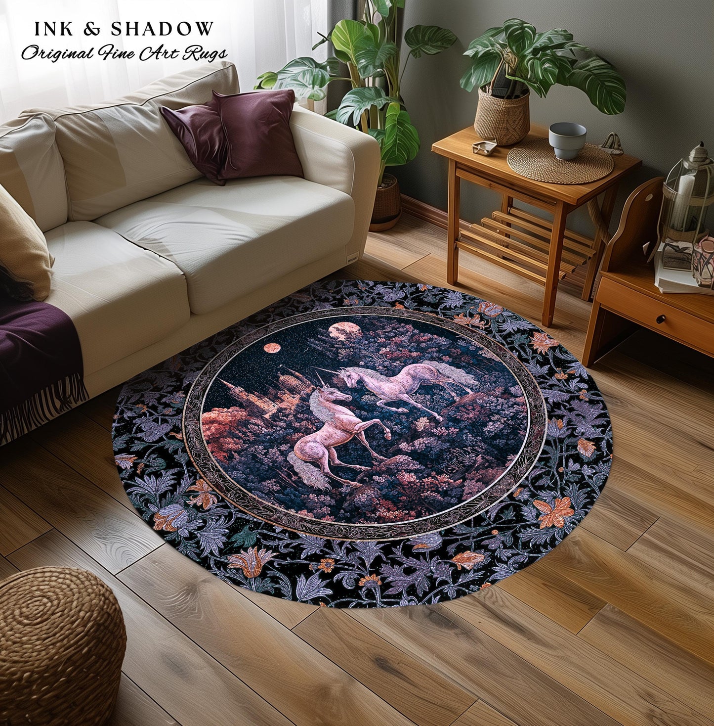 Moody Moonlit Unicorn Accent Rug | Elegant Medieval Florals Lavender Purple Whimsical Folklore Woven Tapestry Blanket Fairytale Area Rug |