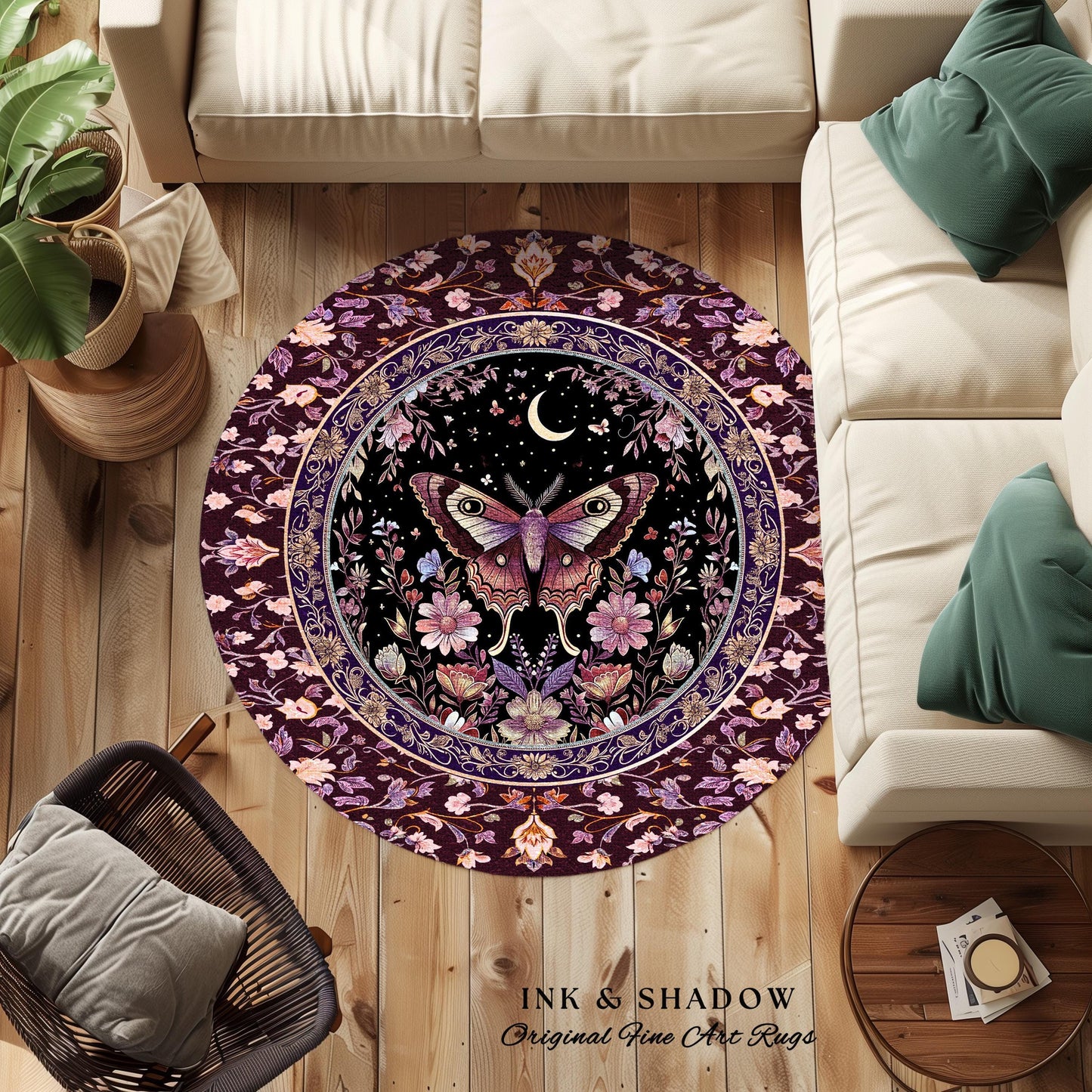 Purple Moth Celestial Rug Boho Fairycore Dark Floral Decor | Enchanted Fairy Cottagecore Butterfly Lovers Moth Moon Rug Whimsical Goth Gift