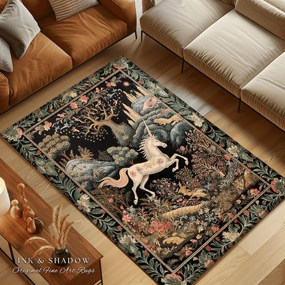 Fairytale Unicorn Floor Rug | Whimsical Fairy Folklore Aesthetic Room Decor Morris Inspired Cottagecore Cozy Fairycore Mystical Bedroom Rug
