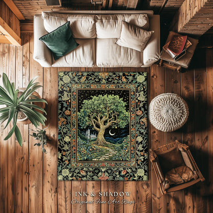 Fairytale Castle Tree of Life Area Rug | Celestial Forest Landscape Starry Sky Decor Witchy Home Aesthetic Mystical Cottagecore Accent Boho