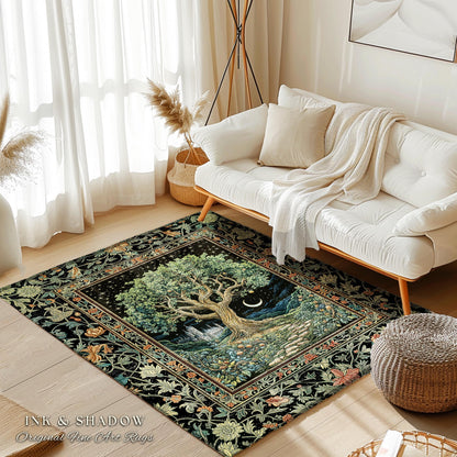 Fairytale Castle Tree of Life Area Rug | Celestial Forest Landscape Starry Sky Decor Witchy Home Aesthetic Mystical Cottagecore Accent Boho