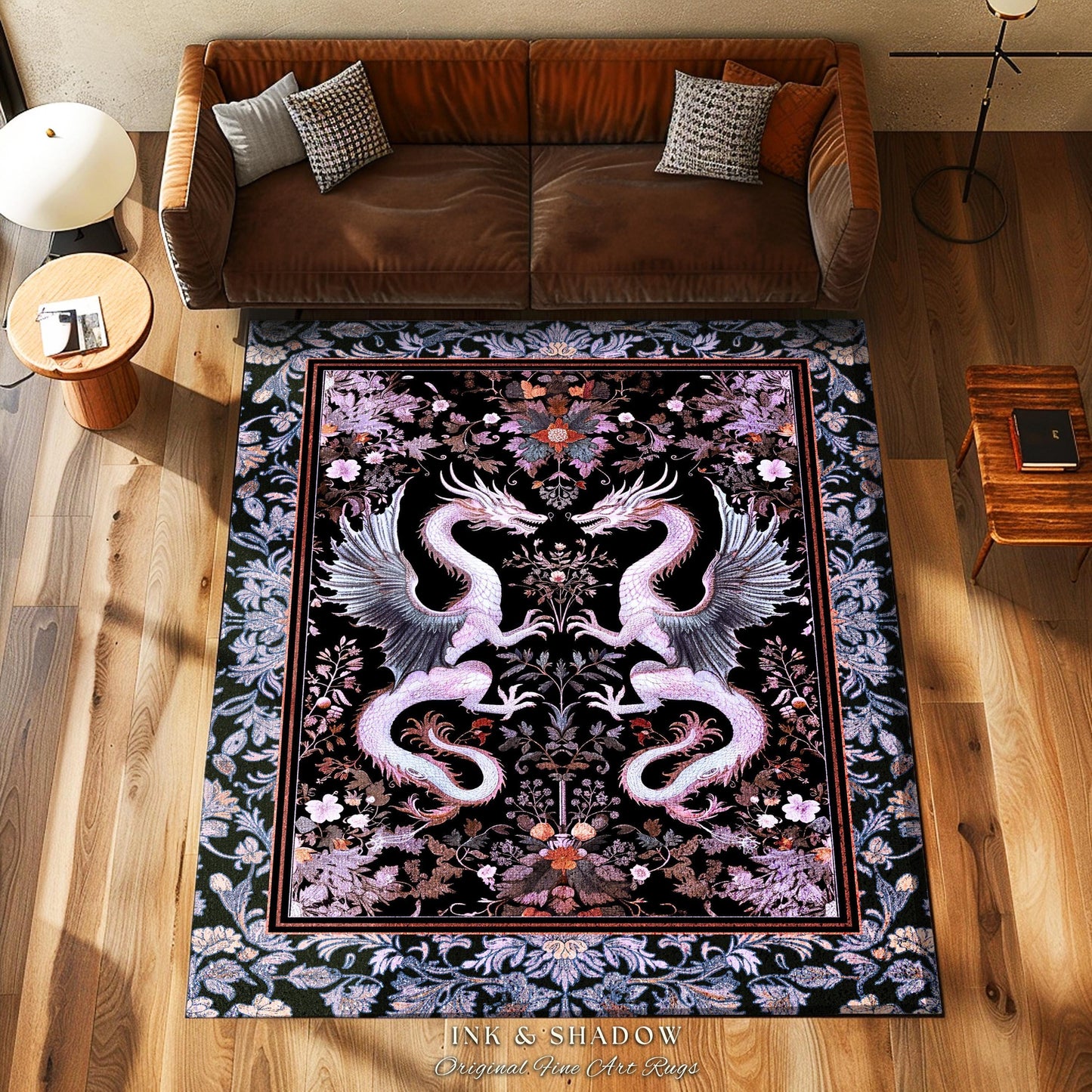 Pastel Gothic Fantasy Dragon Rug | Medieval Aesthetic Chinese Dragon Area Rug Home Acceent Lavender Purple Decor Whimsigothic Dark Academia