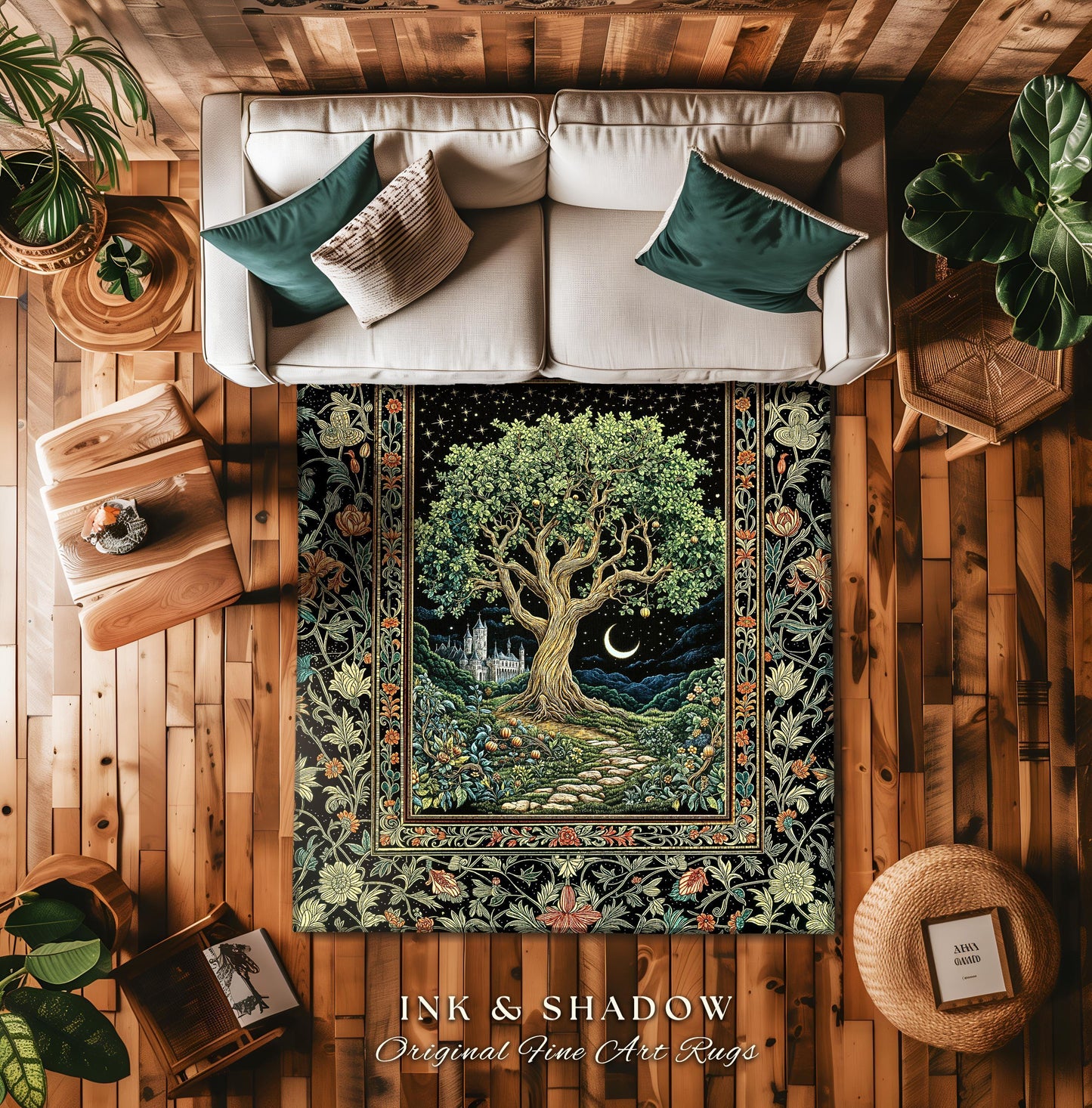 Fairytale Castle Tree of Life Area Rug | Celestial Forest Landscape Starry Sky Decor Witchy Home Aesthetic Mystical Cottagecore Accent Boho