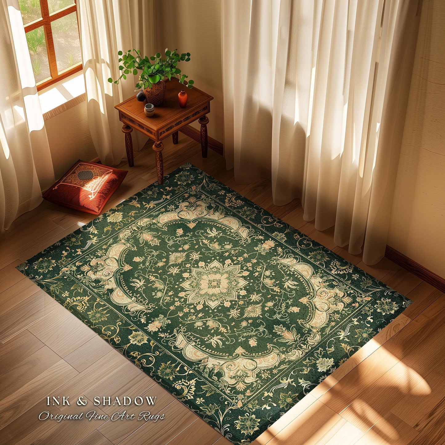 Dark Rich Forest Green Area Rug | Floral Elegance Ornate Bohemian Style Accent Rug Baroque Aesthetic Emerald Green Detail Vibrant Colors |