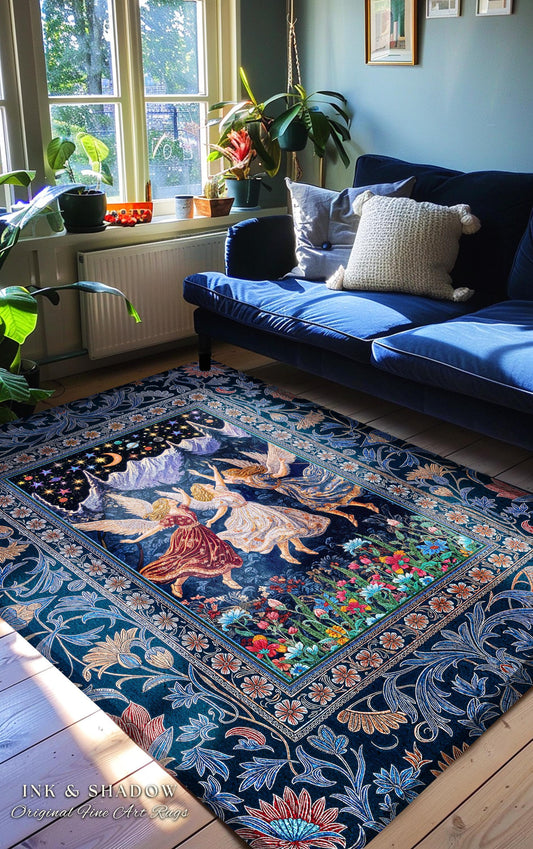 May include: A rectangular, dark blue rug with a floral border and a central image of figures dancing under a starry sky. The rug features a detailed design with various colors, including red, white, and gold. The text "INK & SHADOW Original Fine Art Rugs" is visible.