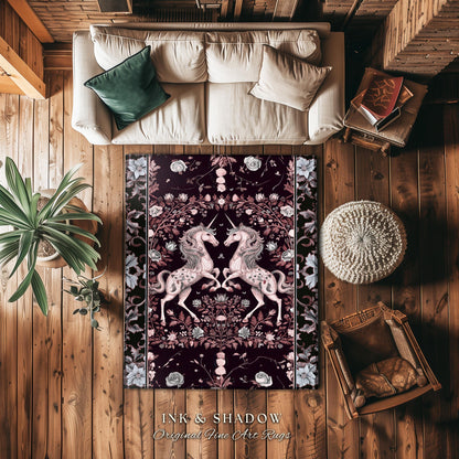 Dark Fairytale Unicorn Runner Rug | Whimsical Fairycore Home Accent Victorian Gothic Floral Decor Baroque Romantic Mystic Cute Area Rug Boho