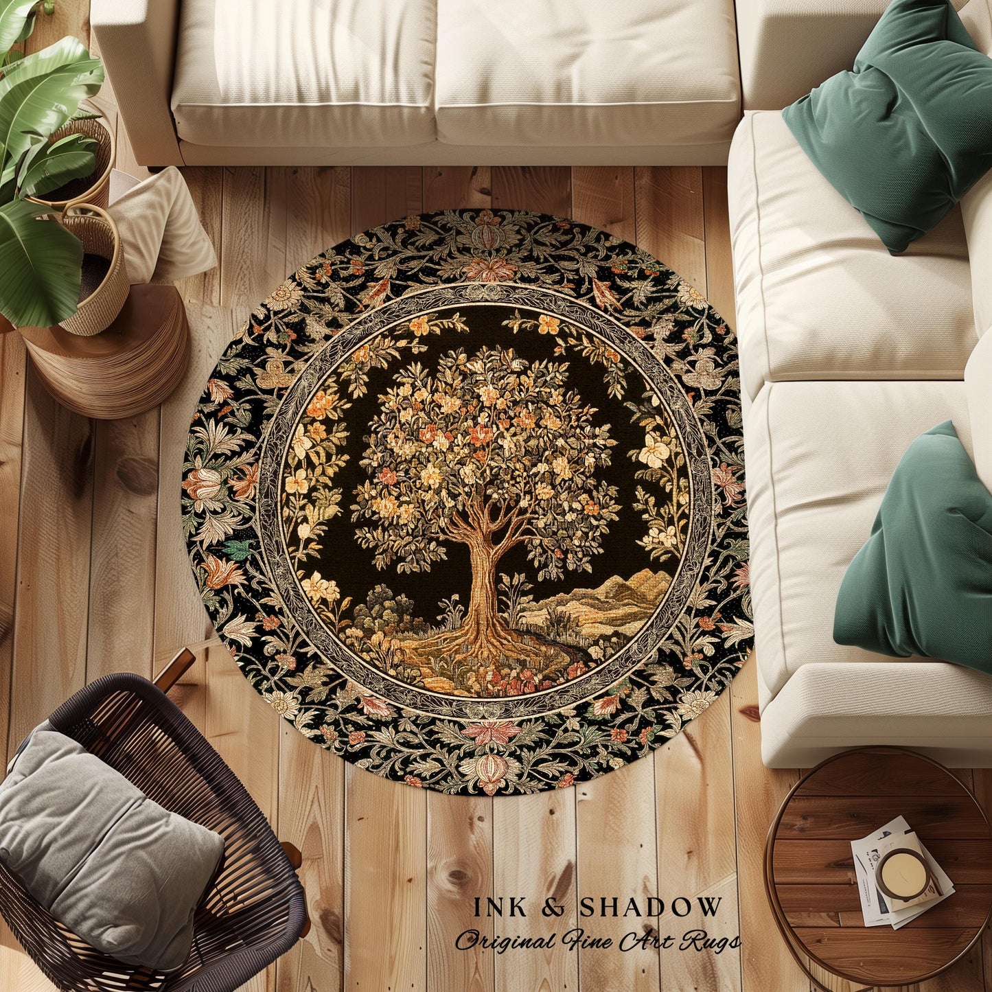 Muted Tones Eclectic Tree of Life Rug | Rustic Bohemian Aesthetic Decor Nature Inspired Bedroom Accent Rug Enchanted Cottagecore Fairycore