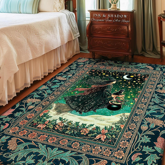 Magic Landscape Winter Witch Rug | Moonlit Ethereal Witchy Bedroom Accent Gothic Decor Moon Black Cat Whimsical Folklore Cottagecore Style