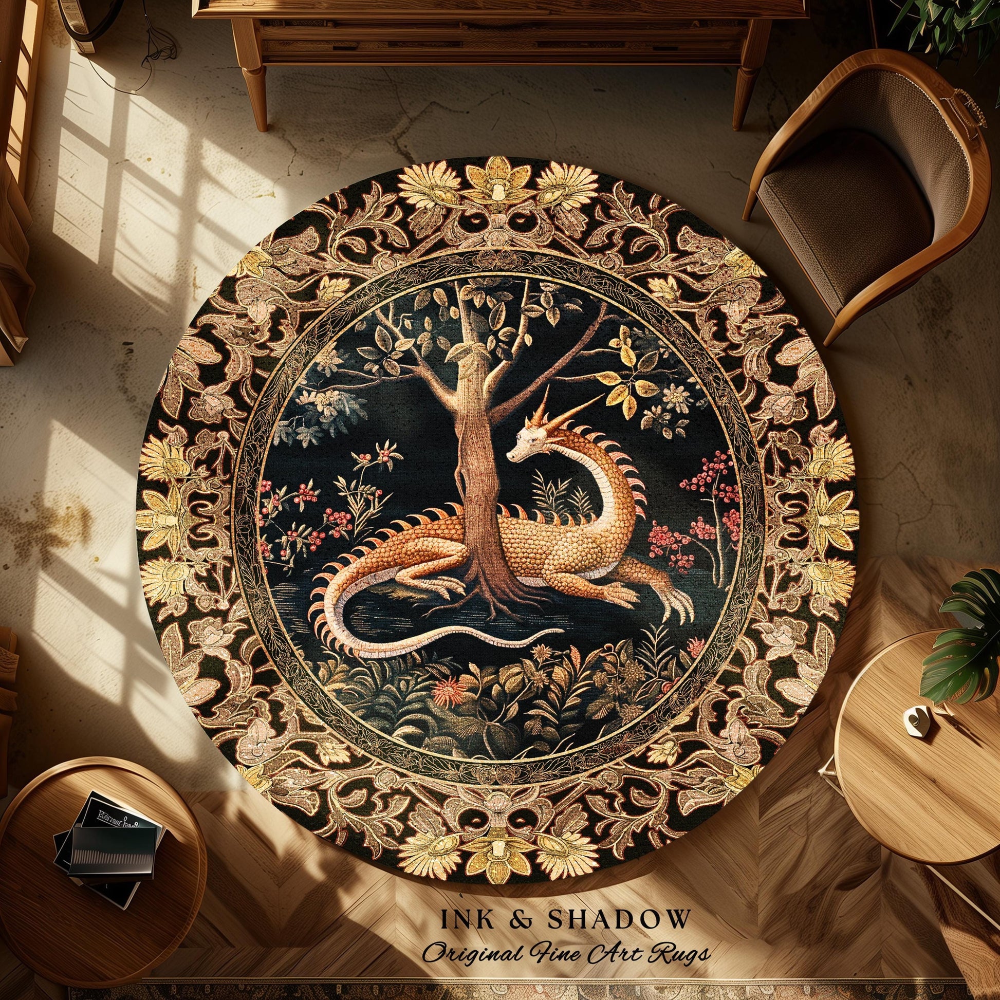 Ancient Dragon Art Round Area Rug Mystical Enchanting Forest Decor | Antique Baroque Aesthetic Academia Dark Fantasy Ethereal Folklore Home