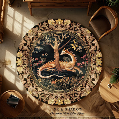 Ancient Dragon Art Round Area Rug Mystical Enchanting Forest Decor | Antique Baroque Aesthetic Academia Dark Fantasy Ethereal Folklore Home
