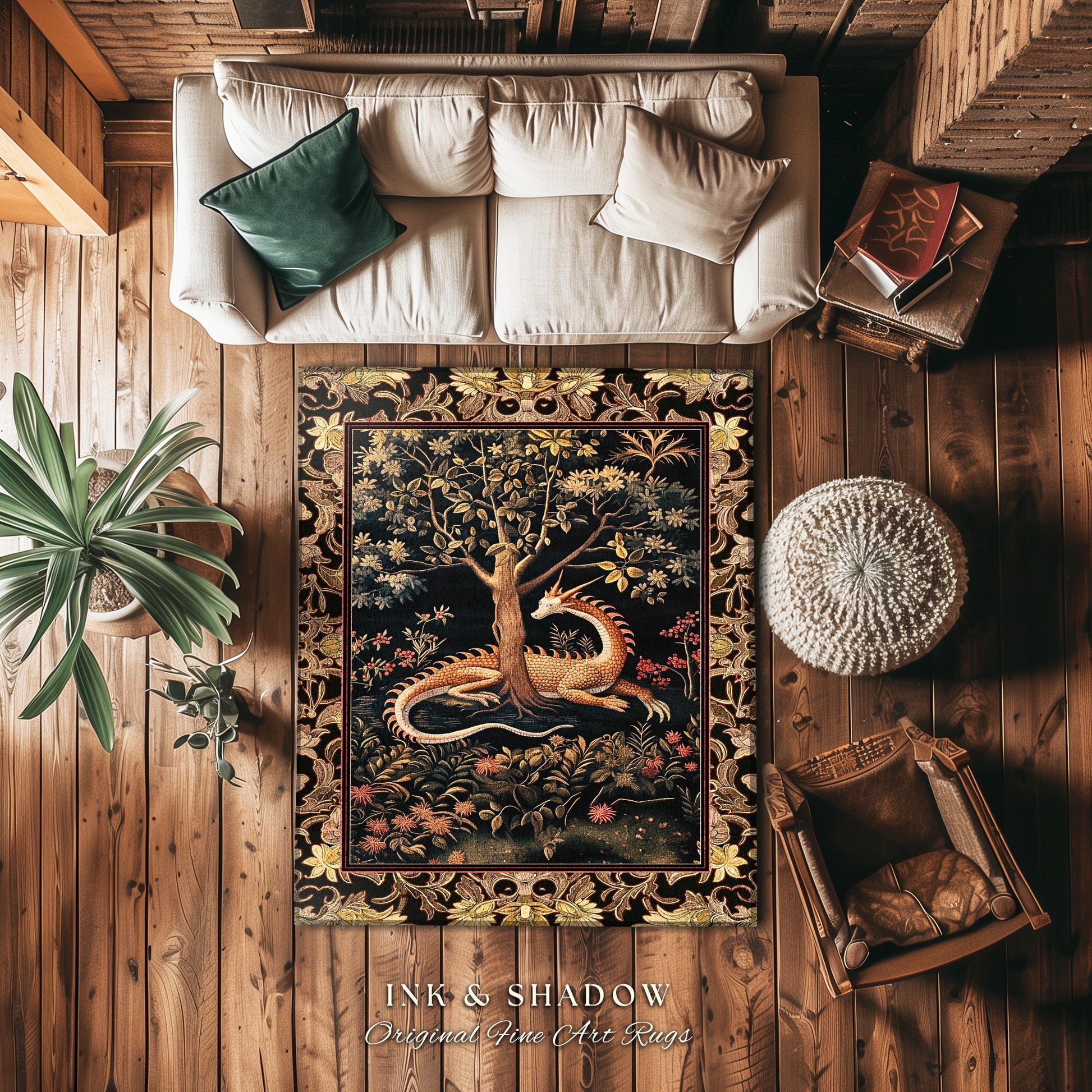 Ancient Dragon Art Round Area Rug Mystical Enchanting Forest Decor | Antique Baroque Aesthetic Academia Dark Fantasy Ethereal Folklore Home