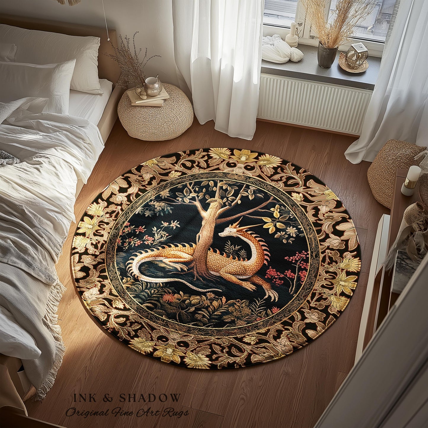Ancient Dragon Art Round Area Rug Mystical Enchanting Forest Decor | Antique Baroque Aesthetic Academia Dark Fantasy Ethereal Folklore Home