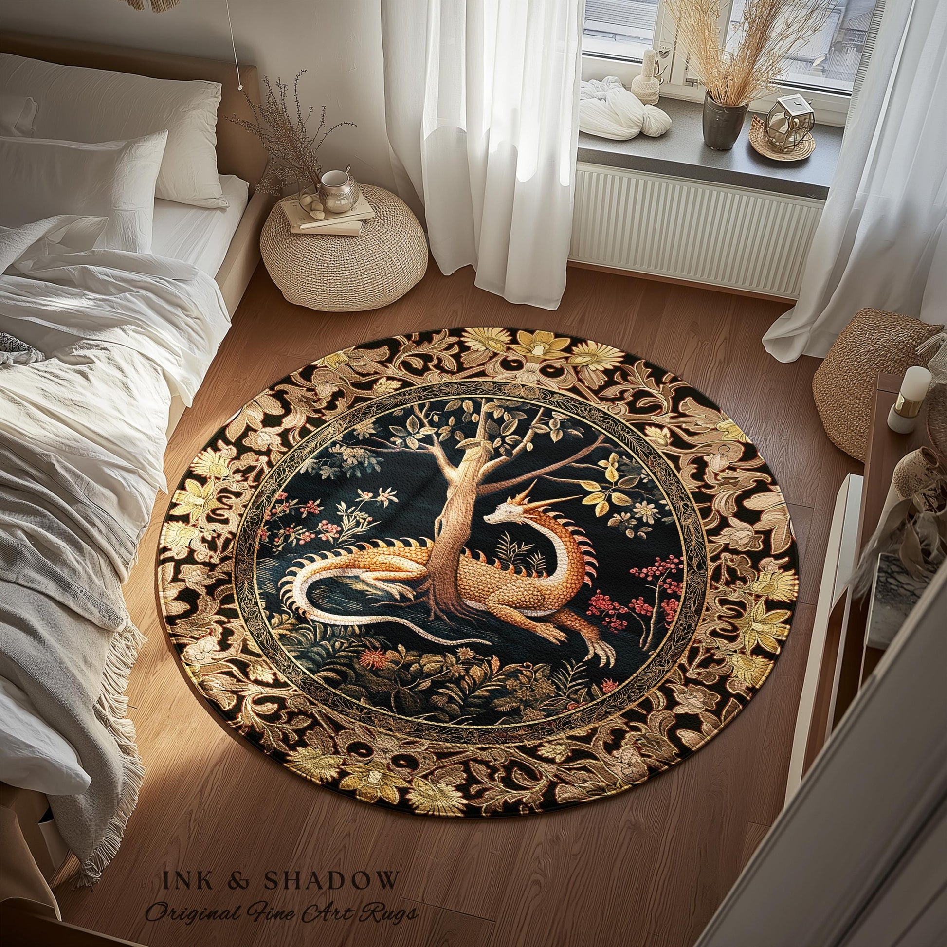 Ancient Dragon Art Round Area Rug Mystical Enchanting Forest Decor | Antique Baroque Aesthetic Academia Dark Fantasy Ethereal Folklore Home