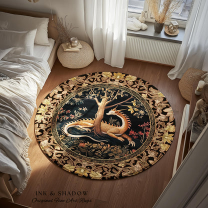 Ancient Dragon Art Round Area Rug Mystical Enchanting Forest Decor | Antique Baroque Aesthetic Academia Dark Fantasy Ethereal Folklore Home