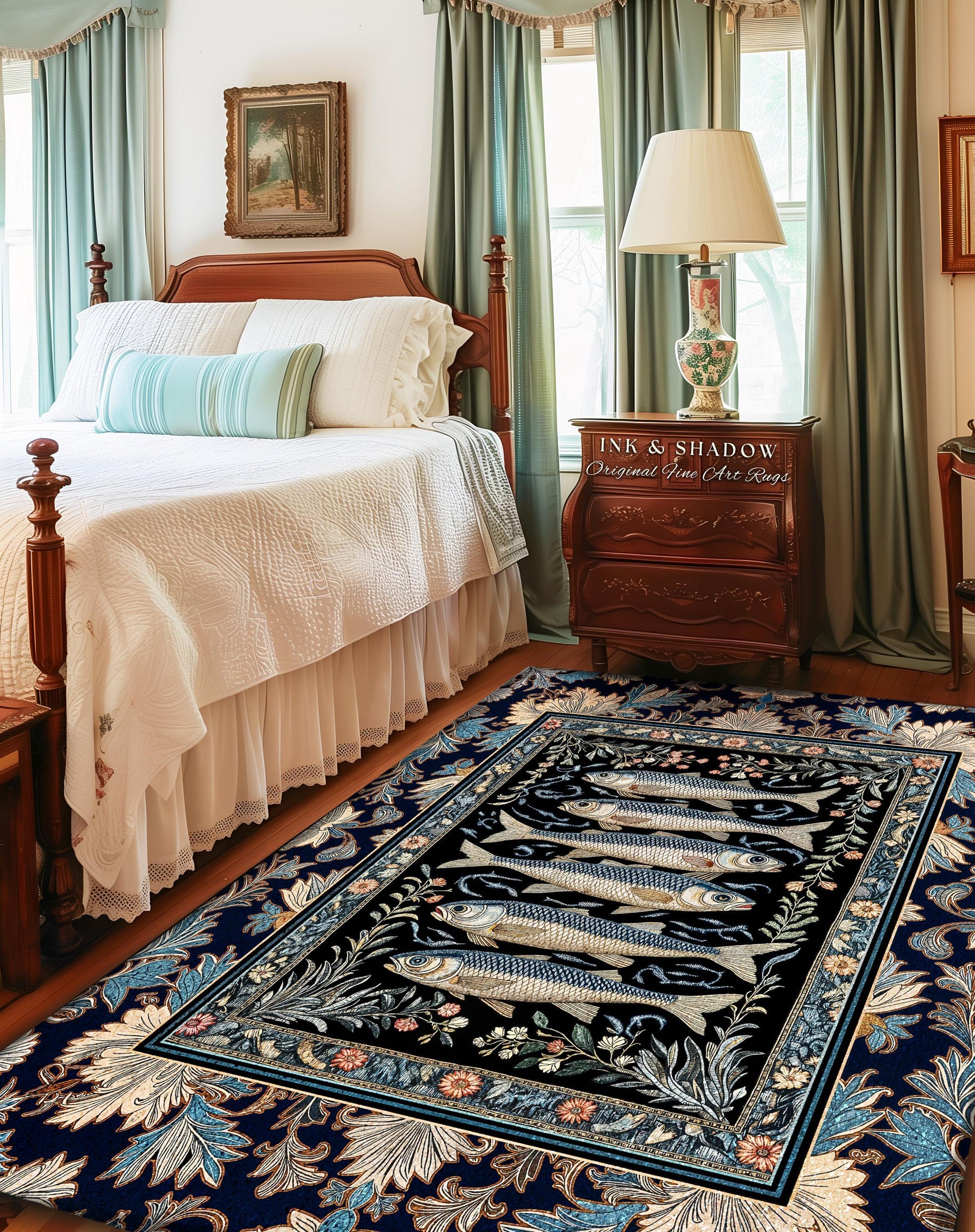 May include: A rectangular area rug with a black center featuring six fish. The rug has a navy blue border with floral and leaf patterns in shades of blue, cream, and pink. The rug is placed in a bedroom.