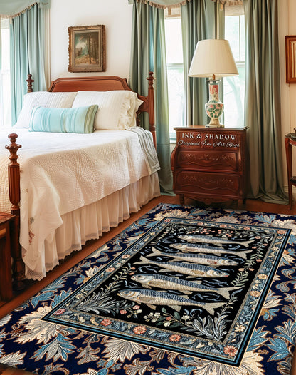 May include: A rectangular area rug with a black center featuring six fish. The rug has a navy blue border with floral and leaf patterns in shades of blue, cream, and pink. The rug is placed in a bedroom.