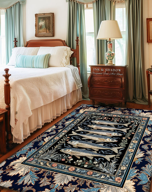 May include: A rectangular area rug with a black center featuring six fish. The rug has a navy blue border with floral and leaf patterns in shades of blue, cream, and pink. The rug is placed in a bedroom.