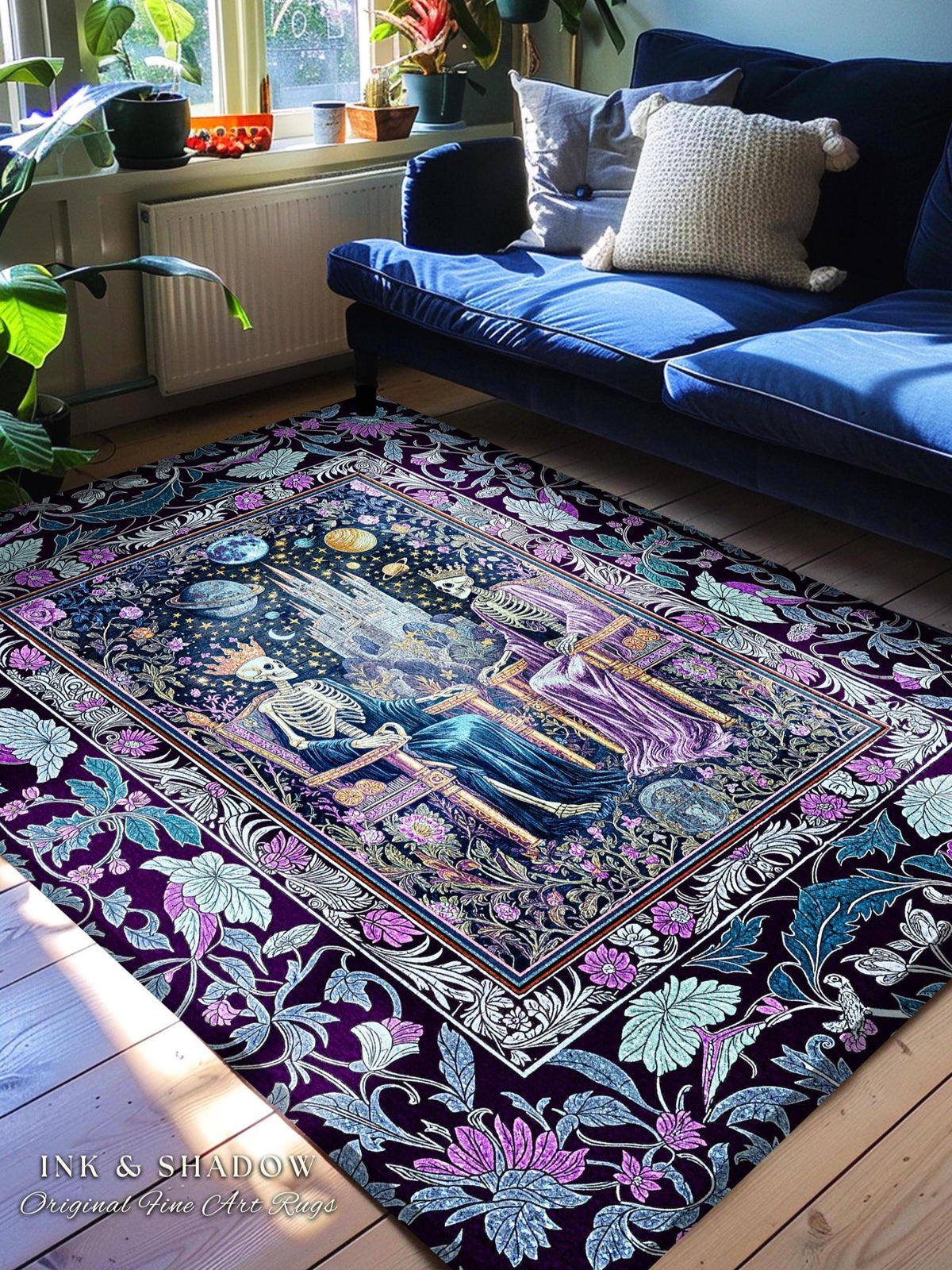 Lavender Skeleton Throne Celestial Rug | Whimsical Baroque Lovers Gothic Fairytale Magic Regency King and Queen Ethereal Floral Aesthetic |