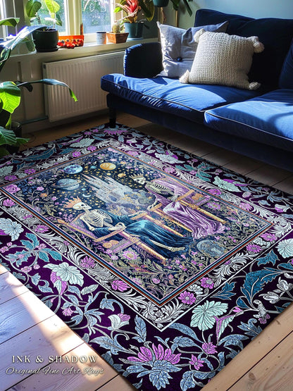 Lavender Skeleton Throne Celestial Rug | Whimsical Baroque Lovers Gothic Fairytale Magic Regency King and Queen Ethereal Floral Aesthetic |