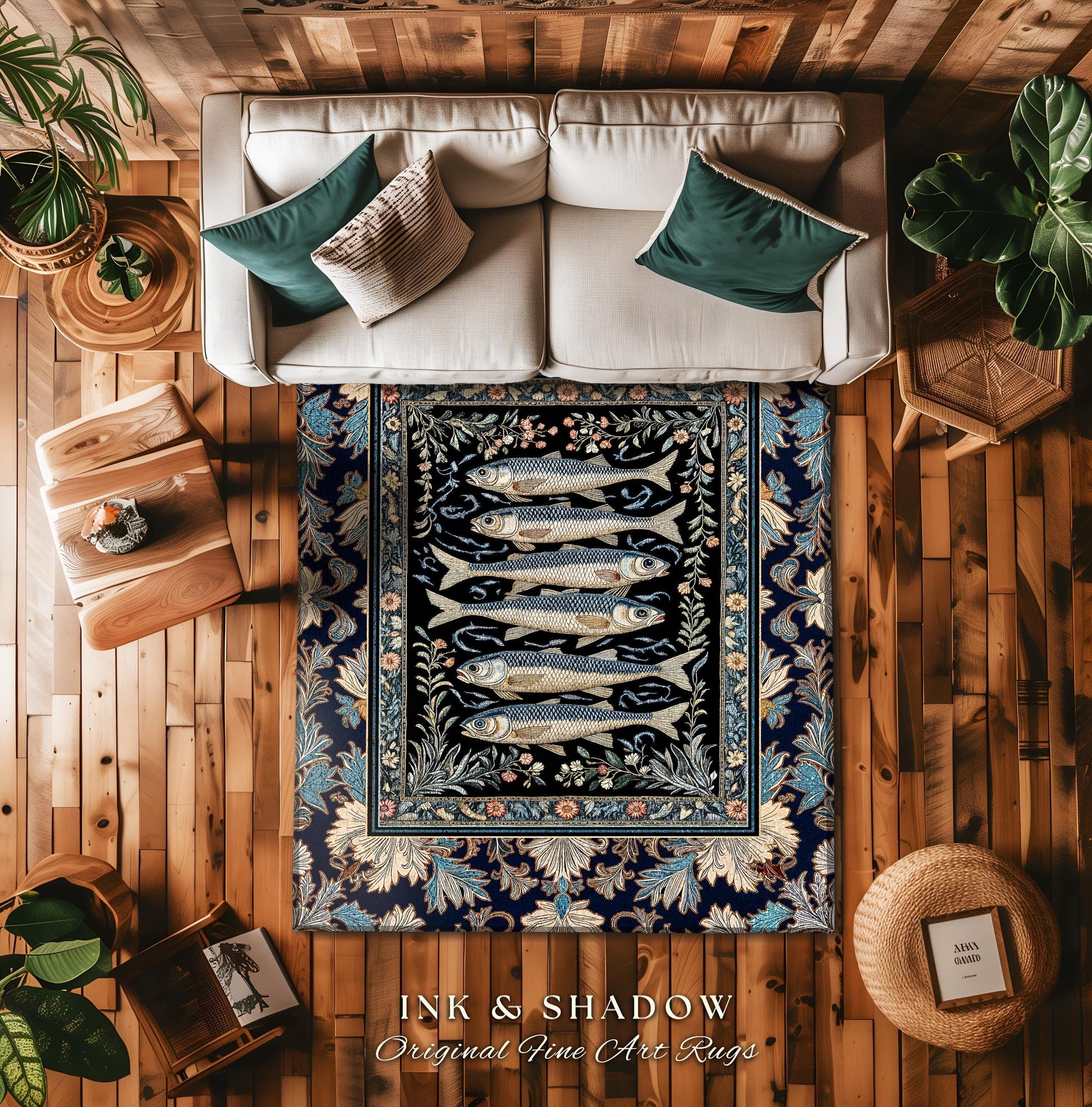 Dreamy Ocean Theme Area Rug | Sardine Theme Fish Design Nautical Cottagecore Sea Art Print Folk Coastal Bedroom Accent Decor Maritime Magic