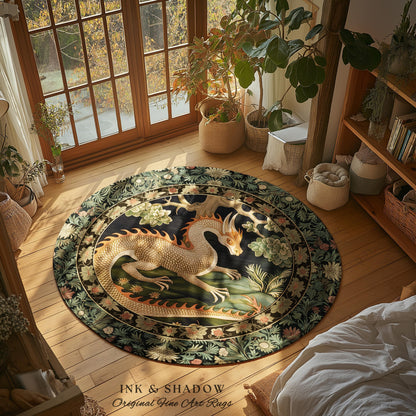 Mystic Medieval Dragon Round Area Rug | Gothic Home Decor Fairycore Bedroom Magical Aesthetic Maximalist Gift for Goth Woodland Dragon Lover