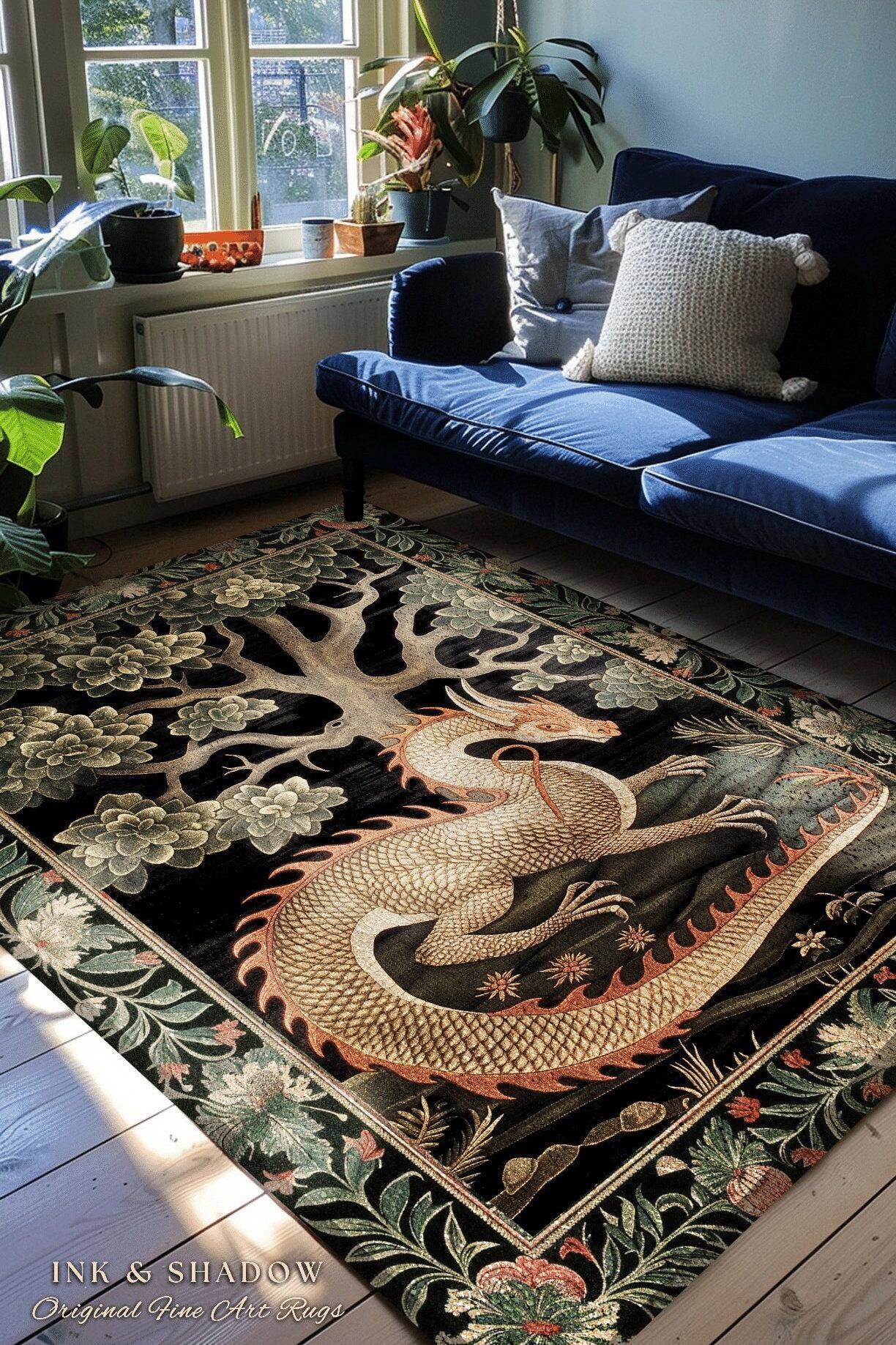 Mystic Medieval Dragon Round Area Rug | Gothic Home Decor Fairycore Bedroom Magical Aesthetic Maximalist Gift for Goth Woodland Dragon Lover