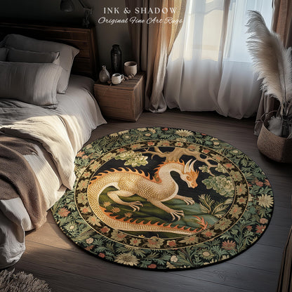 Mystic Medieval Dragon Round Area Rug | Gothic Home Decor Fairycore Bedroom Magical Aesthetic Maximalist Gift for Goth Woodland Dragon Lover