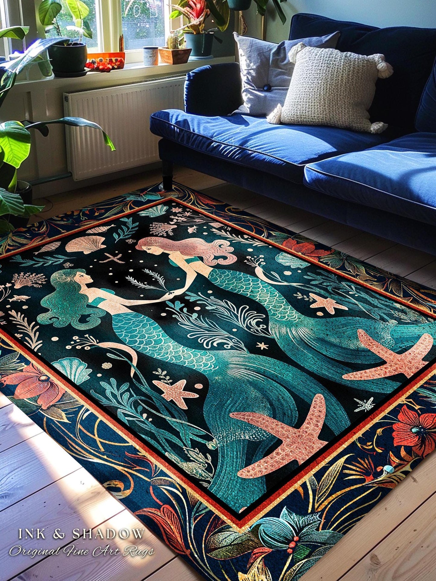 Ethereal Art Nouveau Sea Nymph Rug Whimsical Dark Academia Coastal Decor | Mystical Mermaid Cottagecore Enchanted Ocean Vintage Folklore Rug