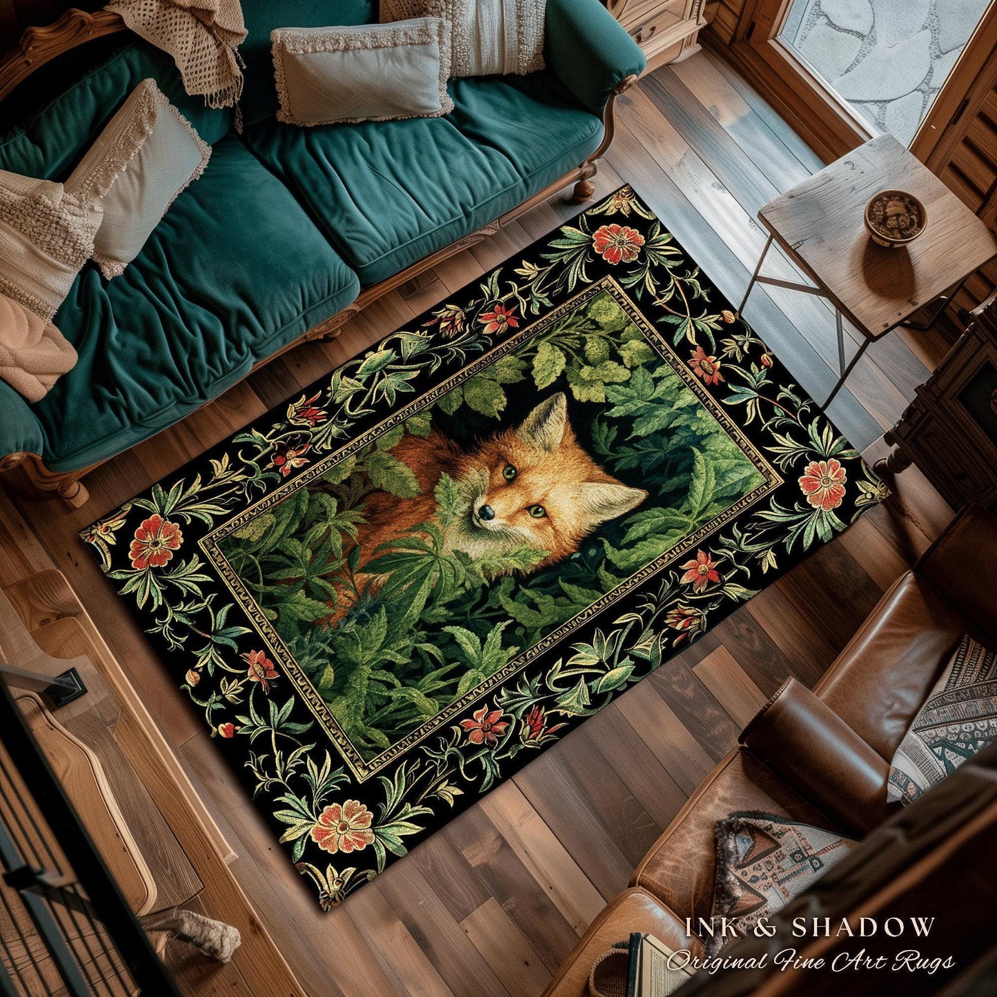 Dark Botanical Round Fox Rug Vintage Forest Aesthetic | Cottagecore Woodland Gothic Fox Art Decor Boho Fairycore Nature Lovers Floral Whimsy