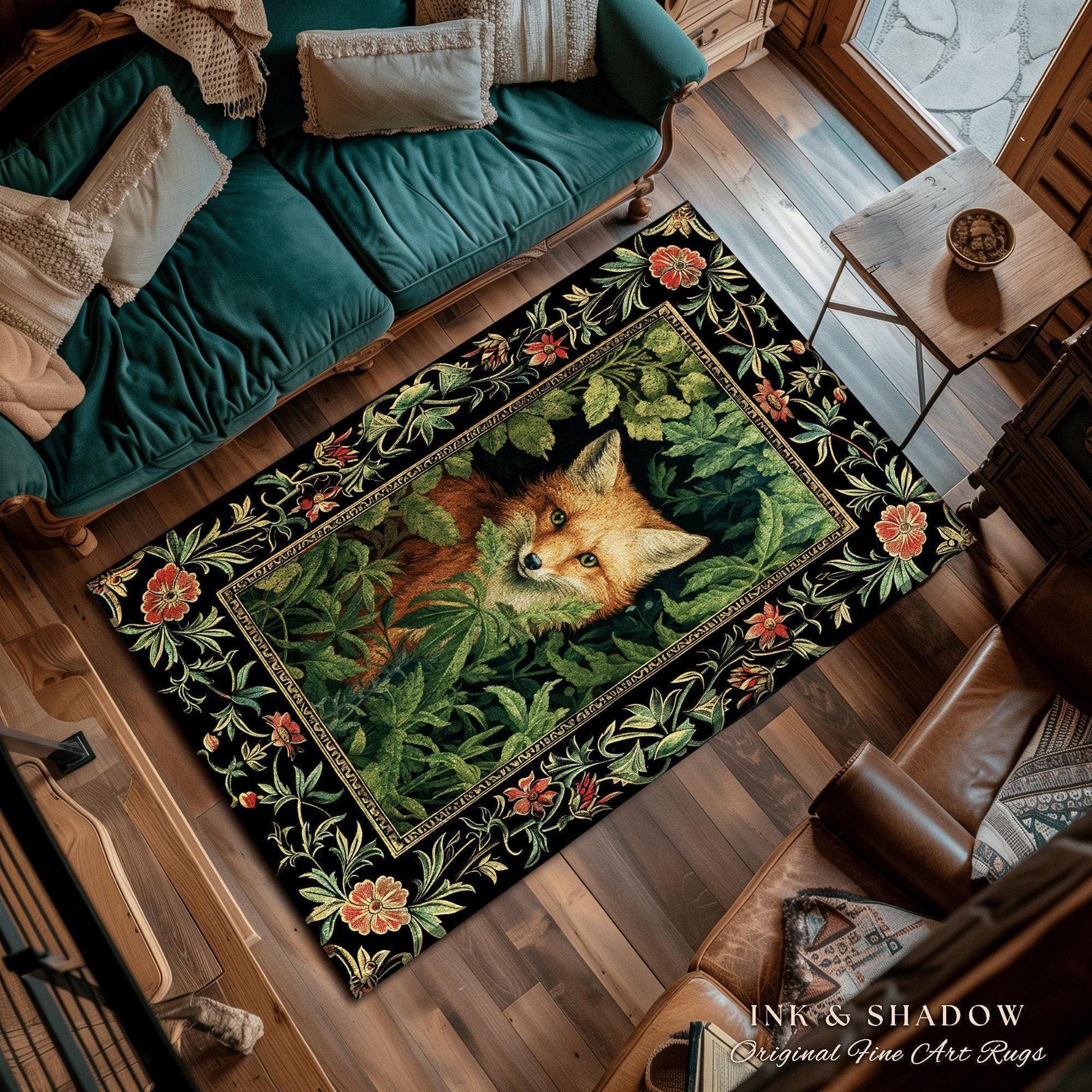 Dark Botanical Round Fox Rug Vintage Forest Aesthetic | Cottagecore Woodland Gothic Fox Art Decor Boho Fairycore Nature Lovers Floral Whimsy