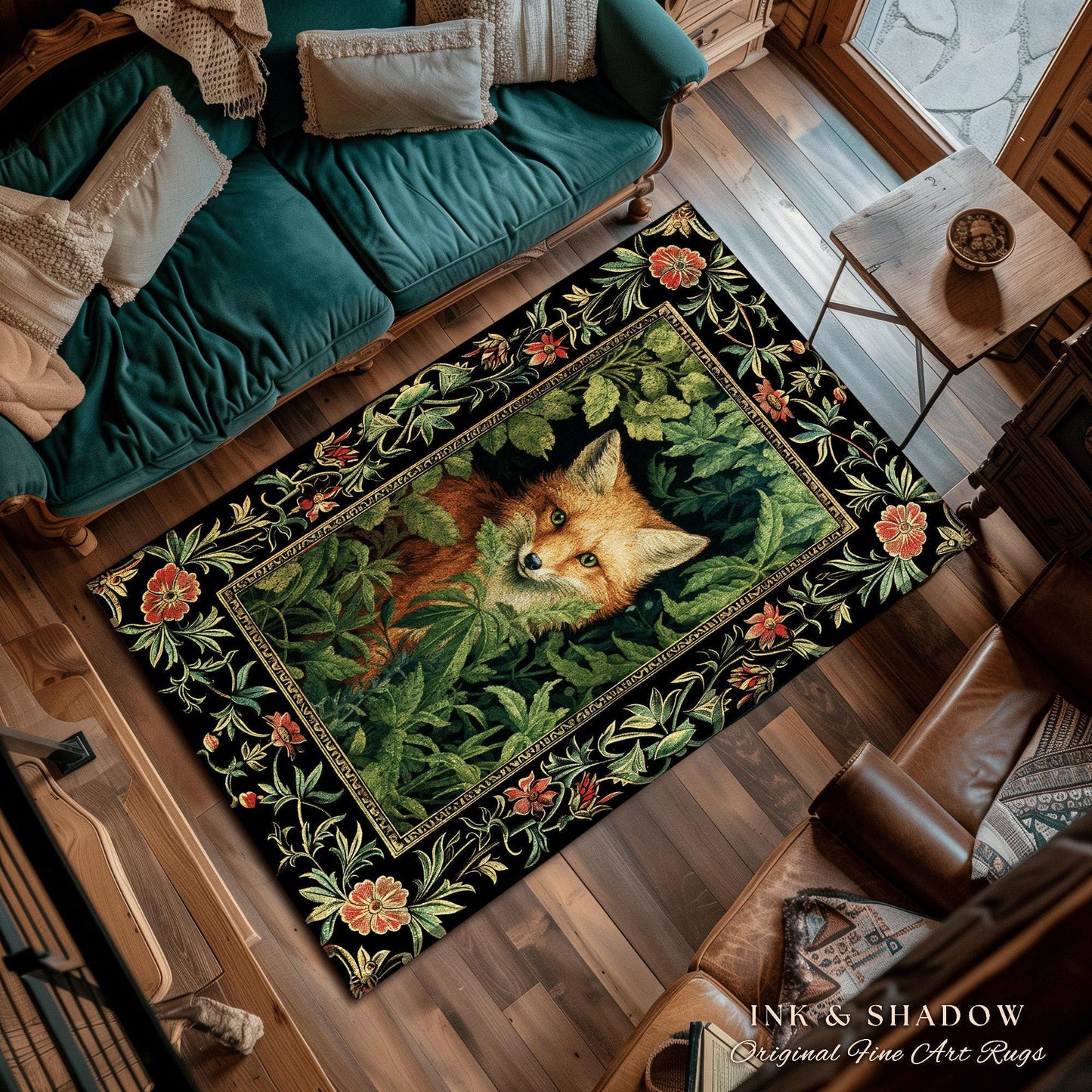 Dark Botanical Round Fox Rug Vintage Forest Aesthetic | Cottagecore Woodland Gothic Fox Art Decor Boho Fairycore Nature Lovers Floral Whimsy