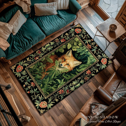 Dark Botanical Round Fox Rug Vintage Forest Aesthetic | Cottagecore Woodland Gothic Fox Art Decor Boho Fairycore Nature Lovers Floral Whimsy