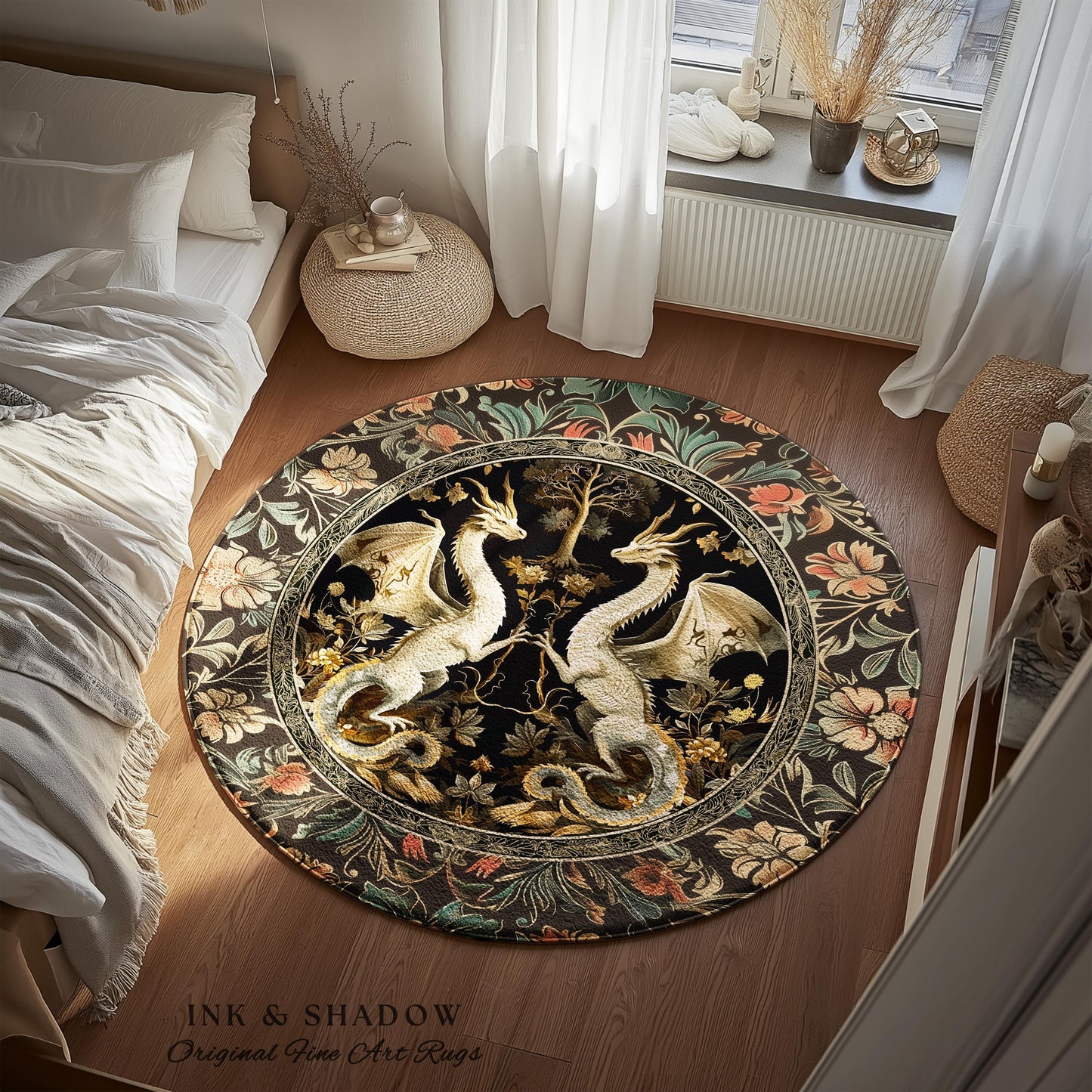 Fantasy Inspired Dragon Rug Victorian Gothic Decor | Enchanted Medieval Dragon Lovers Light Academia Rug Whimsigothic Fantasy Art Mystic Rug