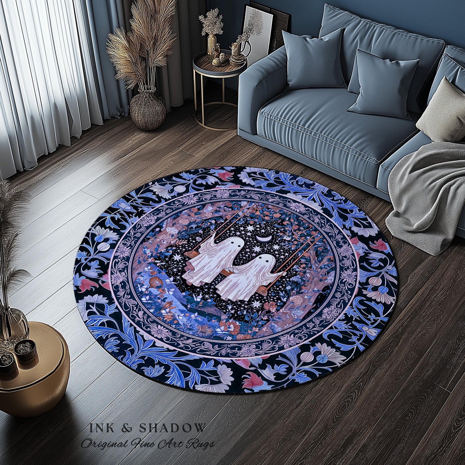 Midnight Magic Ghosts Area Rug | Enchanted Forest Bedroom Moody Accent Pastel Folklore-Inspired Whimsigoth Halloween Style Romantic Decor |