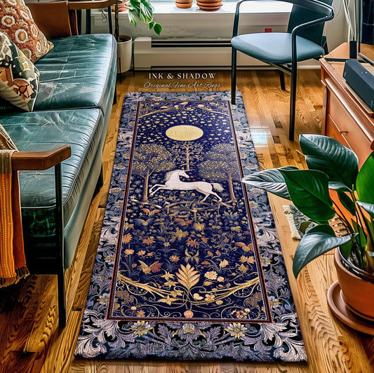 Medieval Fairytale Unicorn Runner Rug | Gothic Whimsical Eclectic Fairycore Home Accent Victorian Gothic Dark Floral Decor French Baroque |