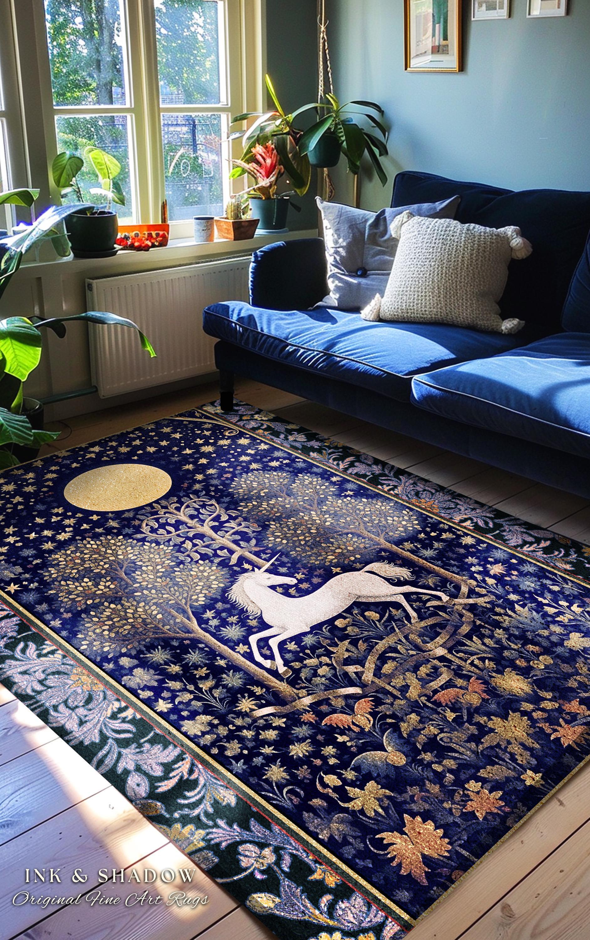 Medieval Fairytale Unicorn Runner Rug | Gothic Whimsical Eclectic Fairycore Home Accent Victorian Gothic Dark Floral Decor French Baroque |
