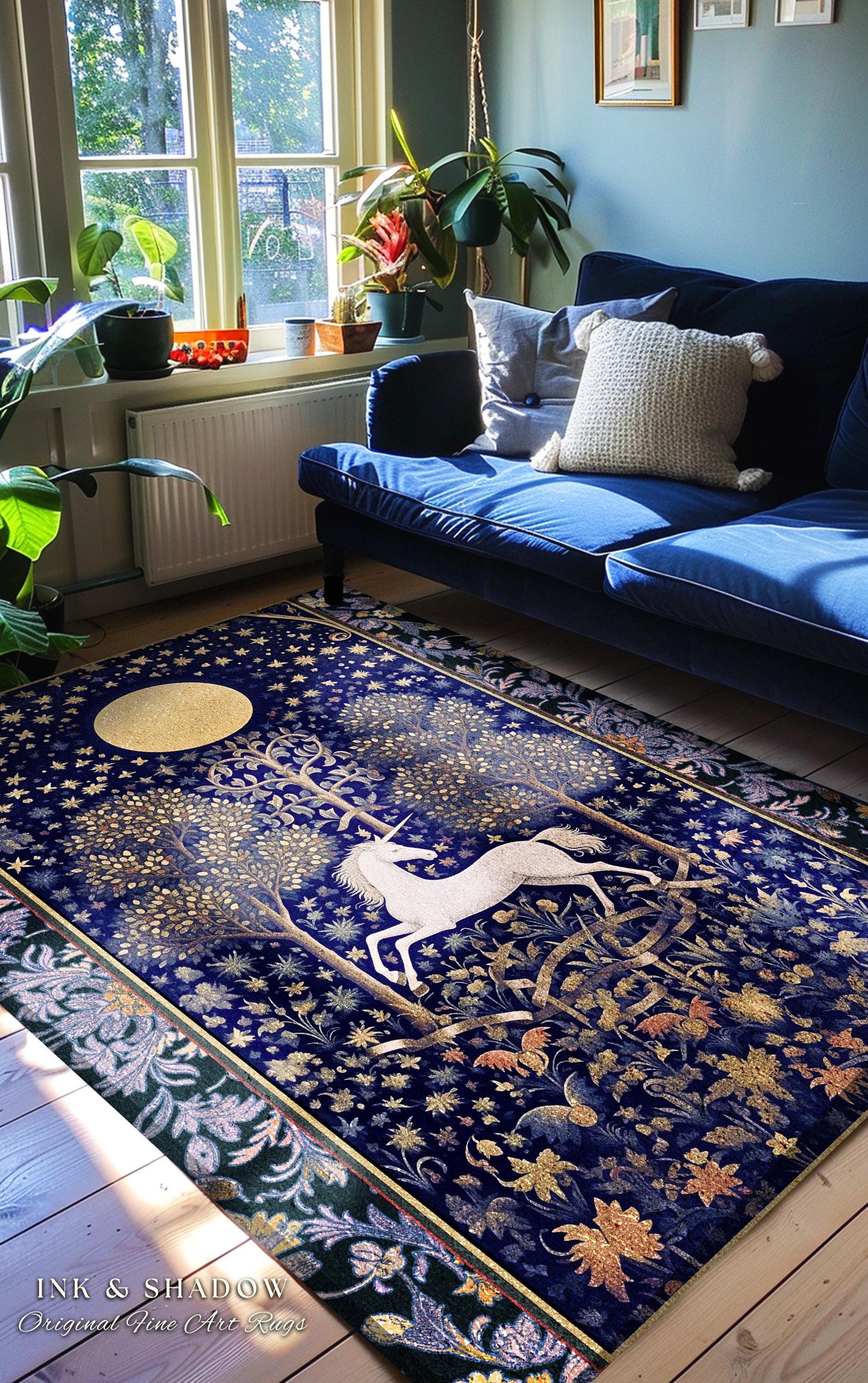 Medieval Fairytale Unicorn Runner Rug | Gothic Whimsical Eclectic Fairycore Home Accent Victorian Gothic Dark Floral Decor French Baroque |