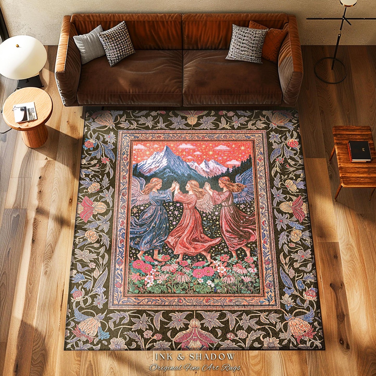 Enchanted Meadow Angel Rug | Ethereal Dreamy Bohemian Cottagecore Light Academia Mystic Folklore Bedroom Pastel Whimsical Decor Whimsigoth