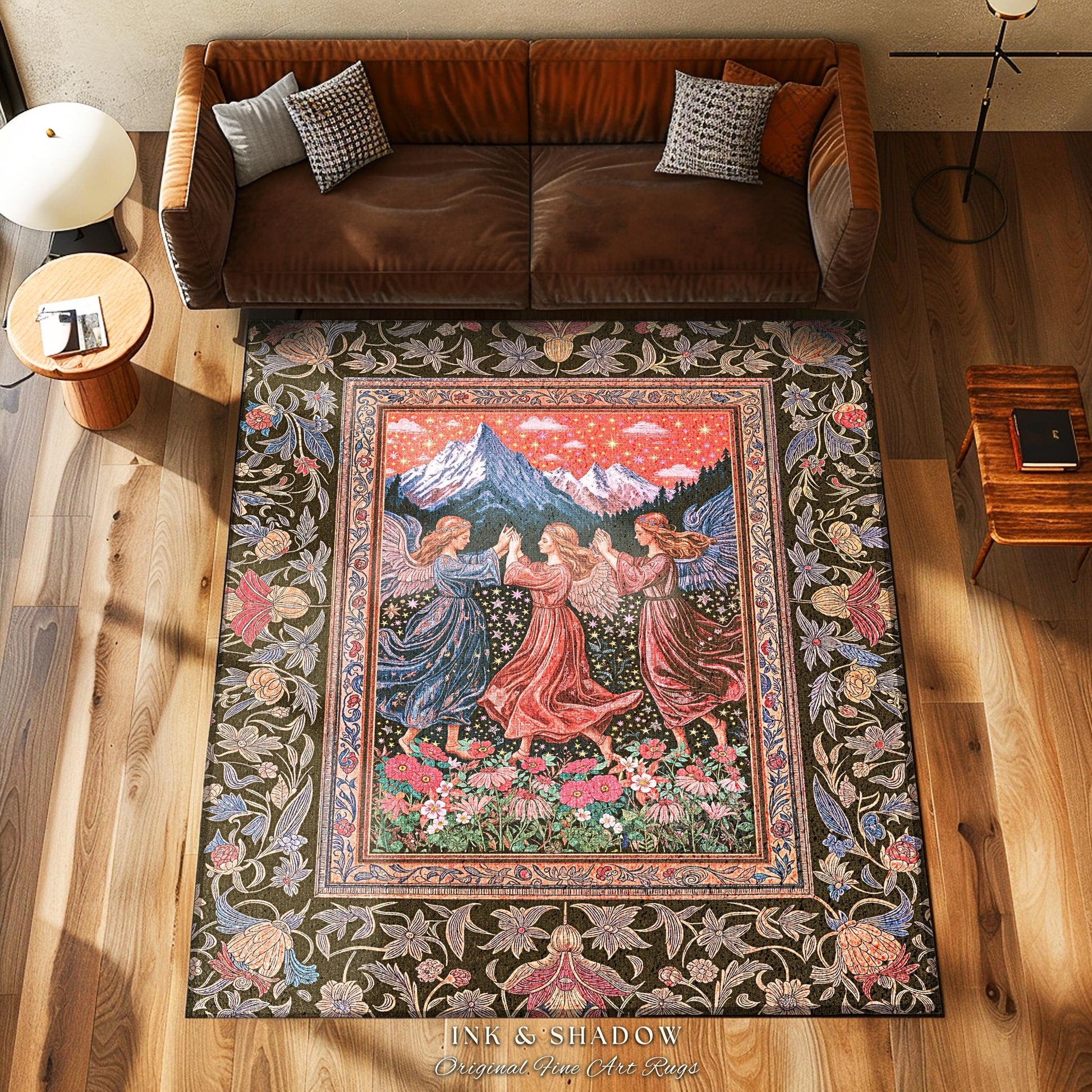 Enchanted Meadow Angel Rug | Ethereal Dreamy Bohemian Cottagecore Light Academia Mystic Folklore Bedroom Pastel Whimsical Decor Whimsigoth