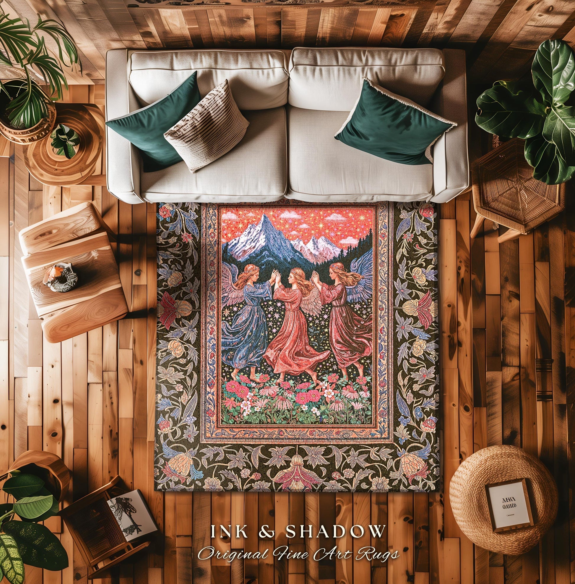Enchanted Meadow Angel Rug | Ethereal Dreamy Bohemian Cottagecore Light Academia Mystic Folklore Bedroom Pastel Whimsical Decor Whimsigoth