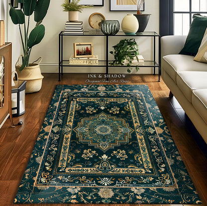 Gothic Maximalist Accent Rug | Forest Green Floor Rug Ornate Rug With Blue Green Detail Cottagecore Victorian Gothic Aesthetic Dark Teal |