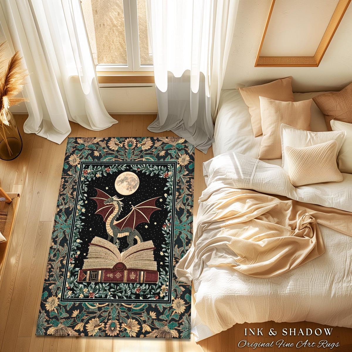 Enchanted Dragon Victorian Area Rug | Magic Woodland Reading Corner Moody Home Accent Rug Bedroom Dark Cottagecore Enchanting Aesthetic Art