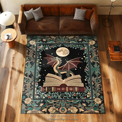 Enchanted Dragon Victorian Area Rug | Magic Woodland Reading Corner Moody Home Accent Rug Bedroom Dark Cottagecore Enchanting Aesthetic Art