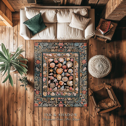 Whimsical Sea Shell Beachy Area Rug | Rustic Beach House Aesthetic Marine-Inspired Art Nautical Design Boho Decor Ocean Lore Coastal Accent